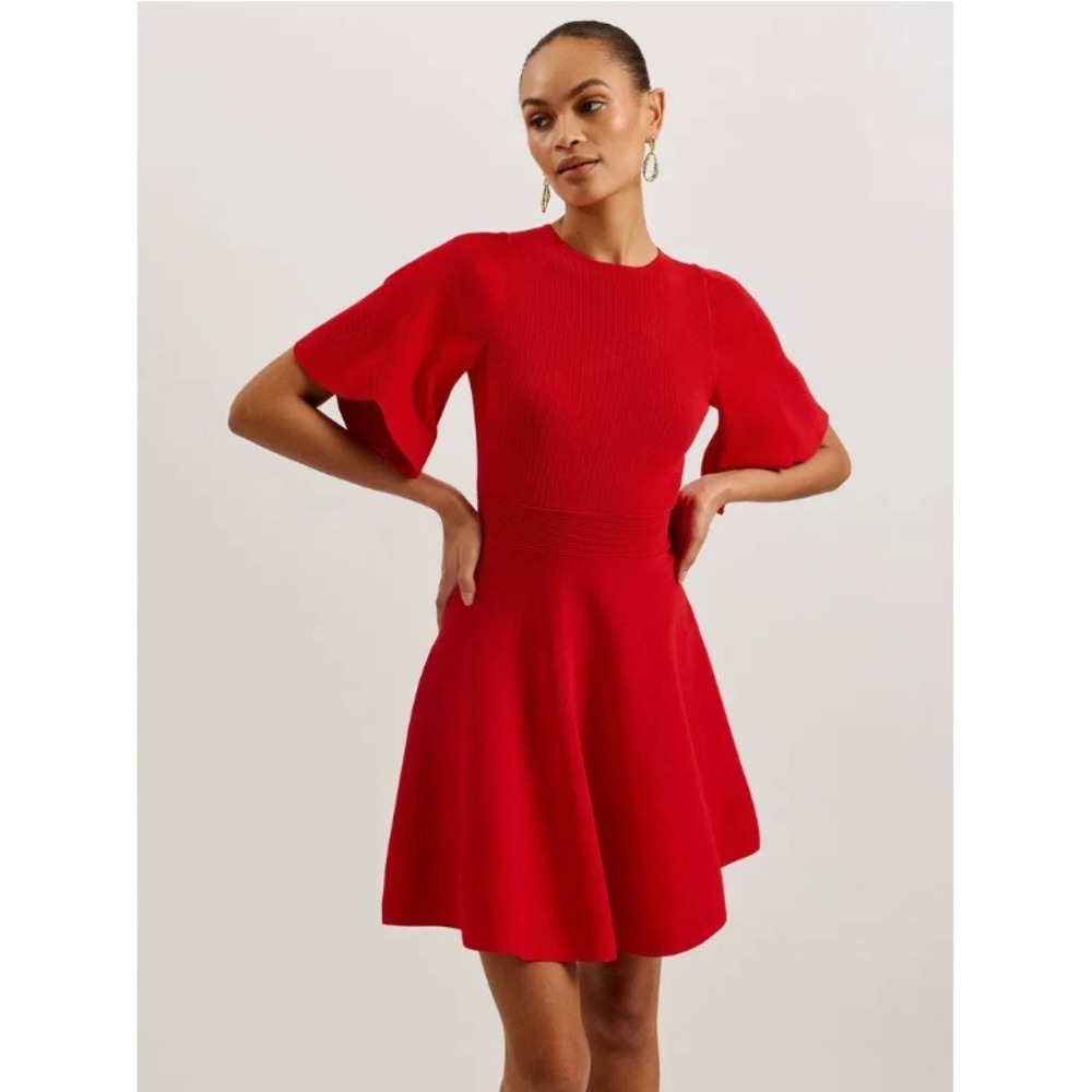 Ted Baker London Oliviha Red Ribbed Fit Flare Skater Mini Dress Size Small